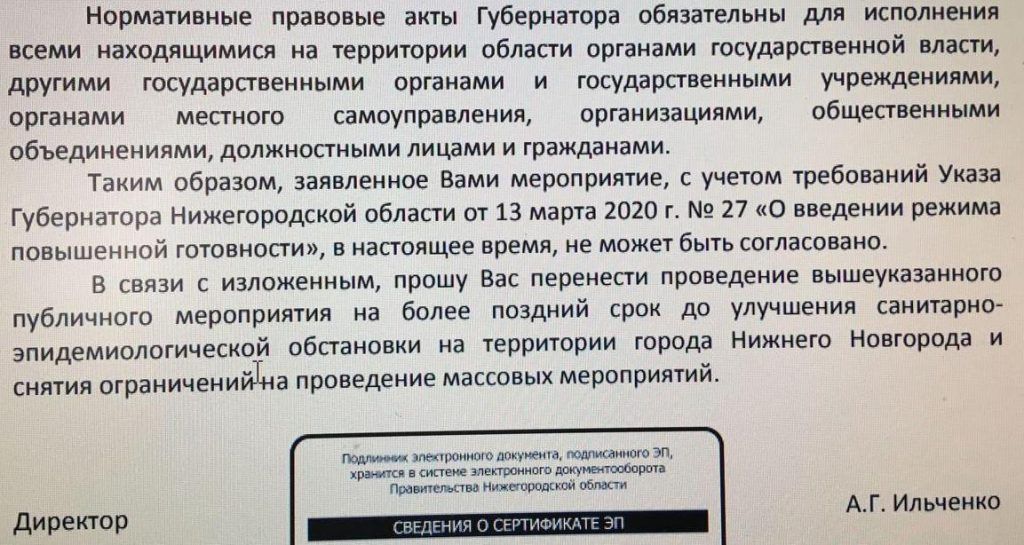 Нижегородская мэрия просит кандидата провести предвыборный пикет после пандемии